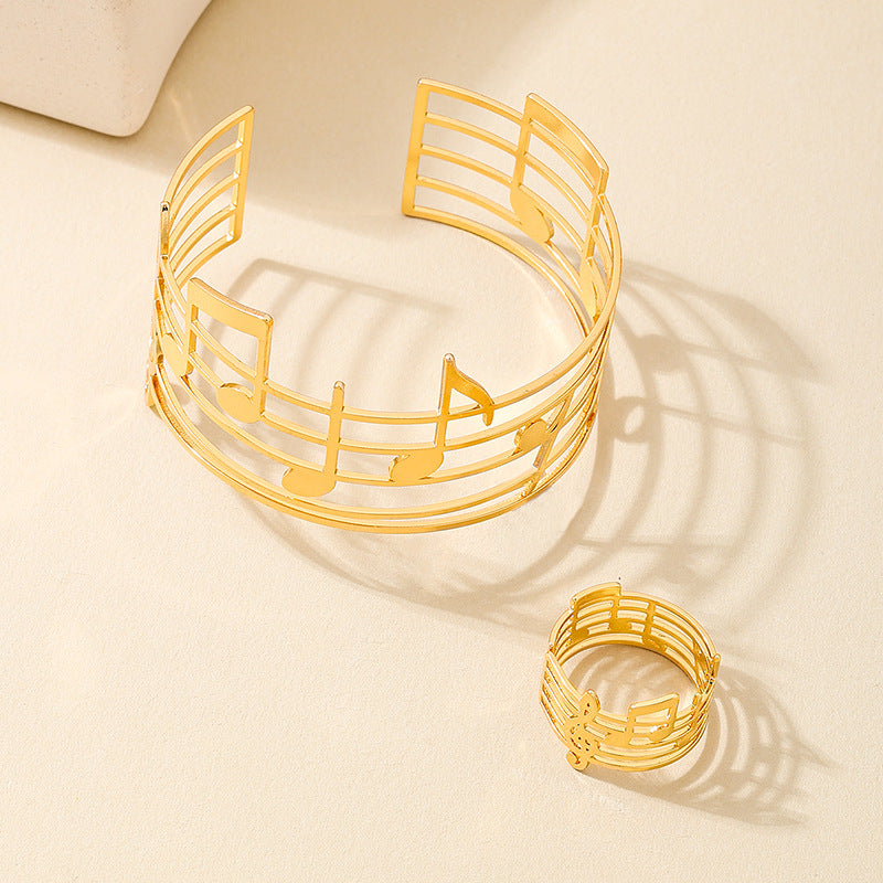 Fashionable Metal Music Note Bracelet Ring Set for Women