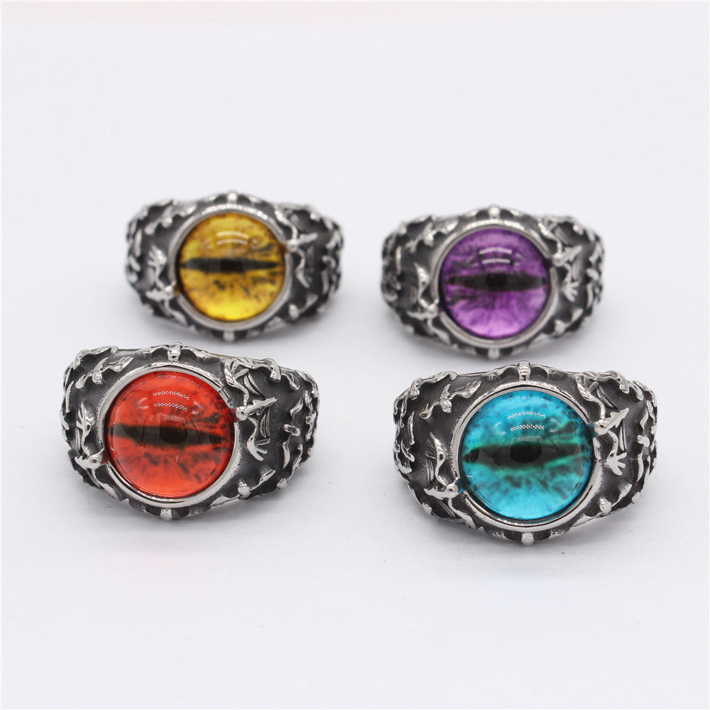 Planderful Titanium Steel Ring For Men Unisex Retro Goth Bat Colored Stone Jewelry Personalized Protection Statement