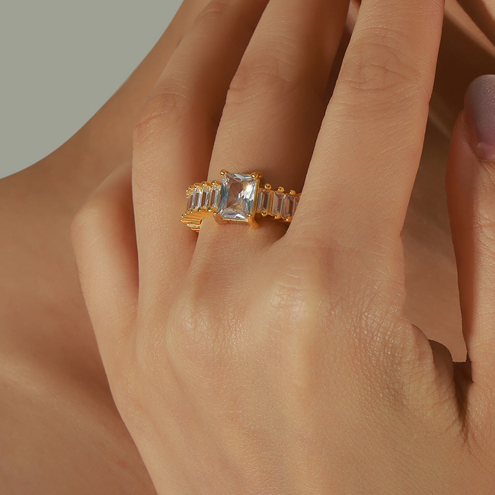 Luxurious Copper Geometric Zircon Ring - Stylish Open Ring Jewelry for Women