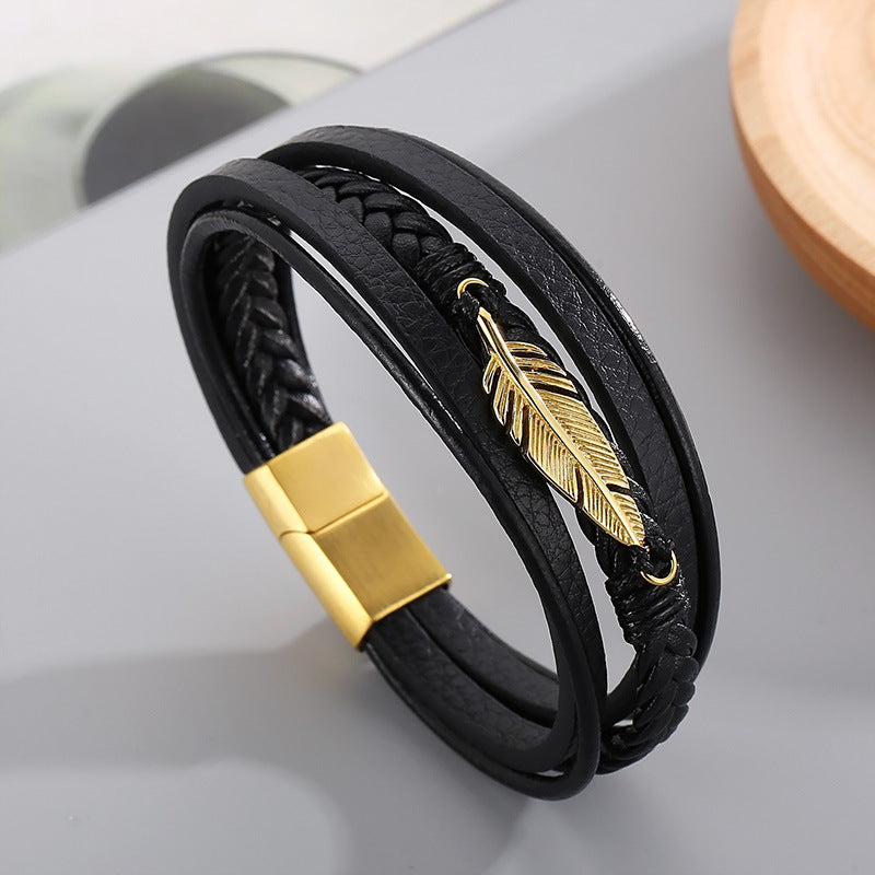 Men's Stainless Steel Feather Bracelet Planderful Layered
