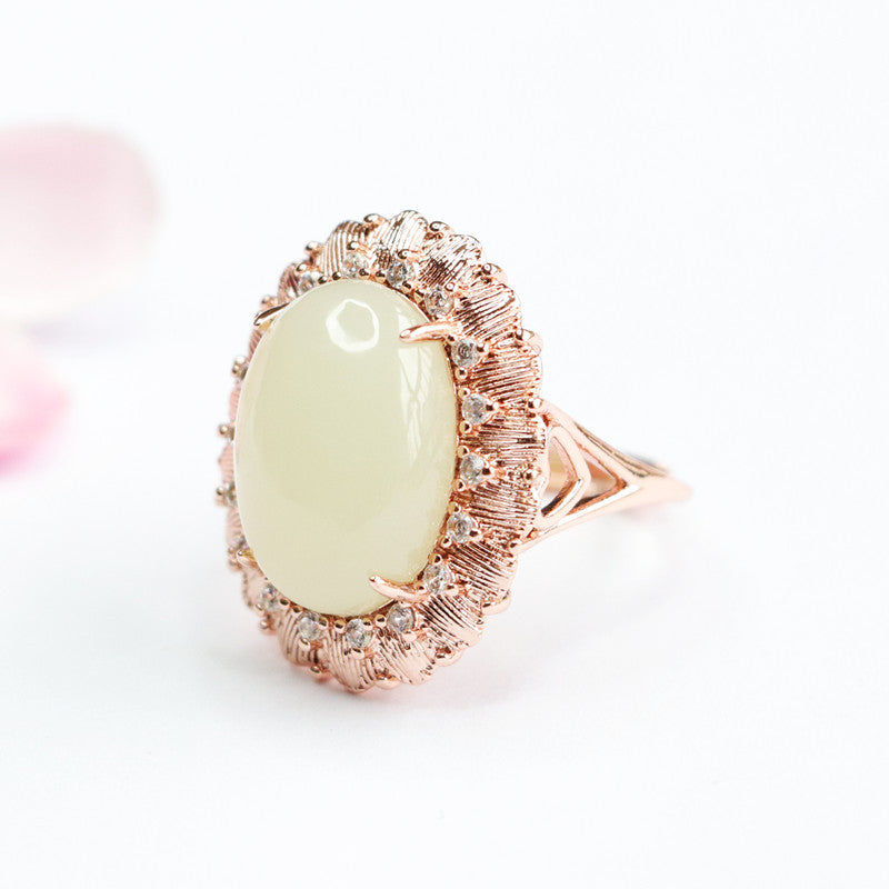 Zircon Rose Gold Ring with Natural Hotan Jade Edge and Petals
