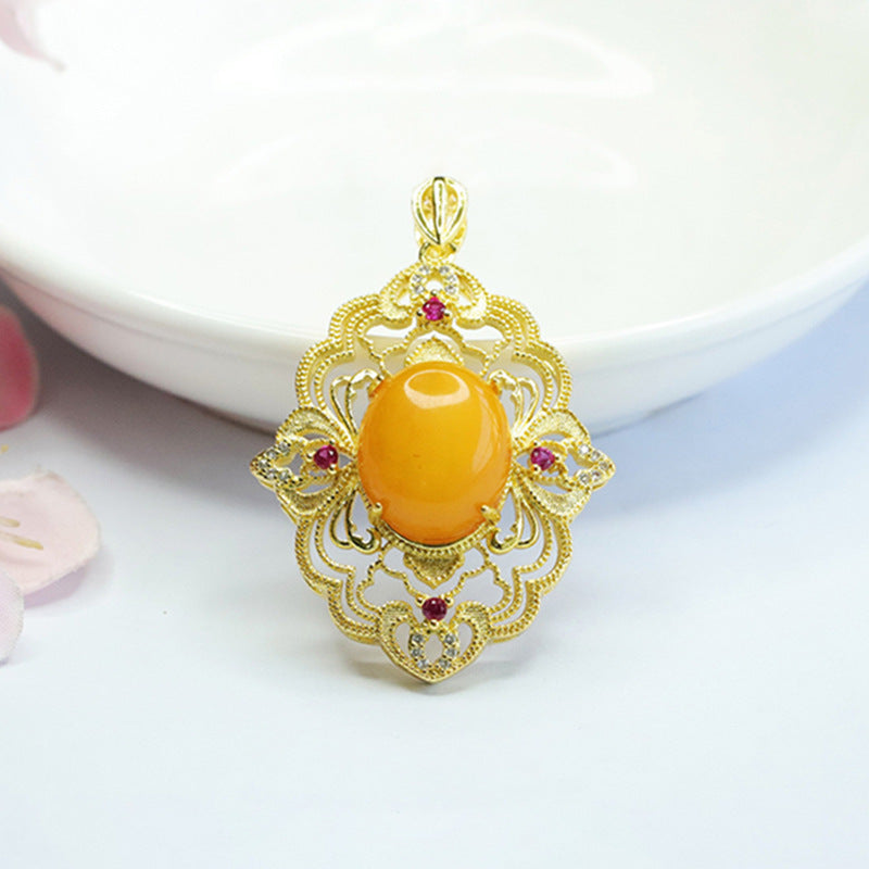 Floral Sterling Silver Necklace with Honey Amber Pendant
