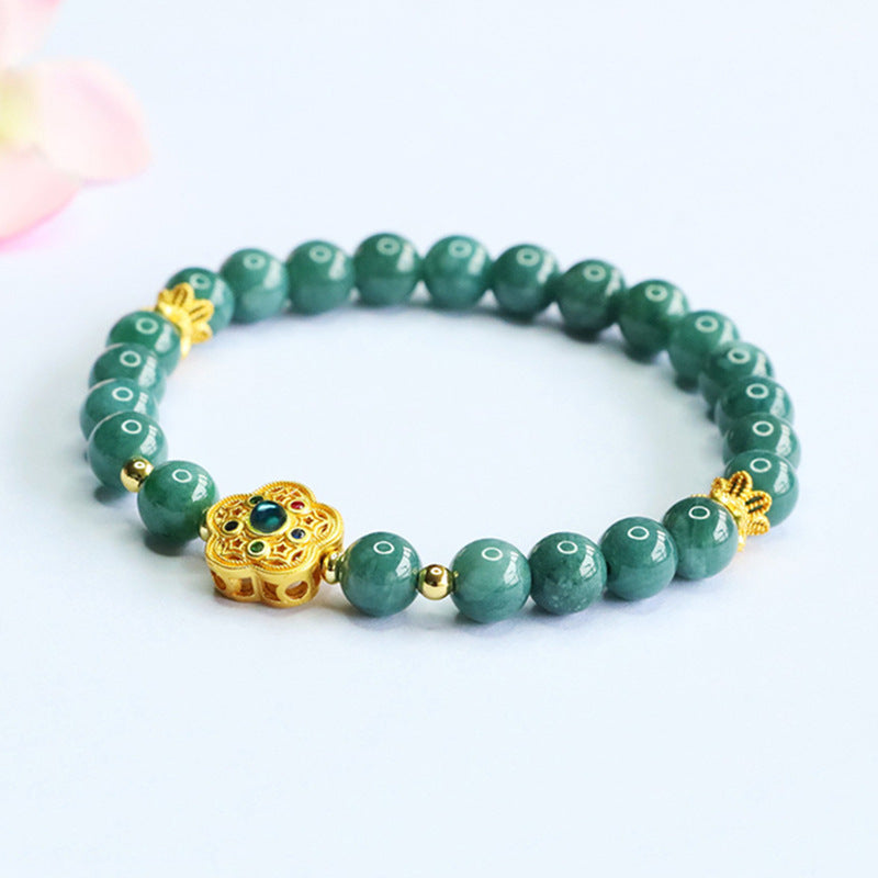 Blue Water Jadeite Five-Petal Flower Beaded Bracelet