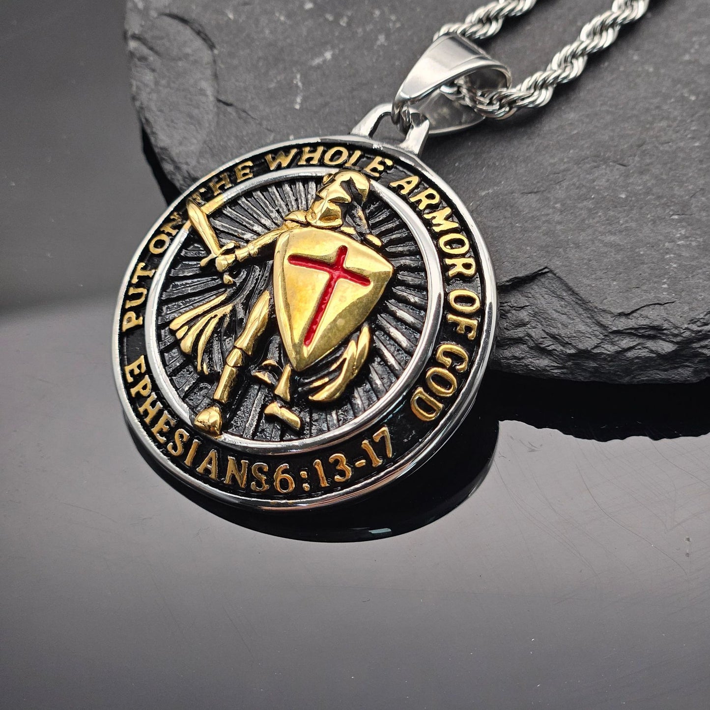 Planderful Red Cross Shield Templar Necklace Titanium Steel Gold Plated Epoxy Pendant Unisex Protection Statement