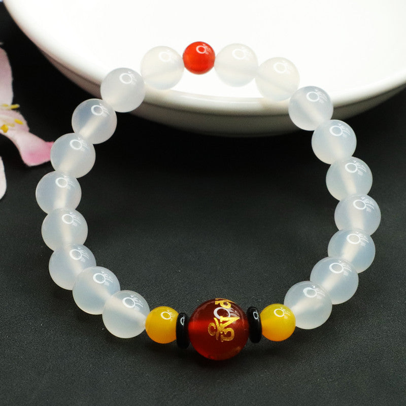 Chalcedony and Red Agate Mantra Bracelet with Sterling Silver