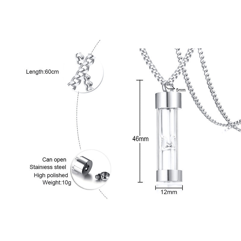 Stainless Steel Glass Hourglass Urn Pendant Necklace for Men