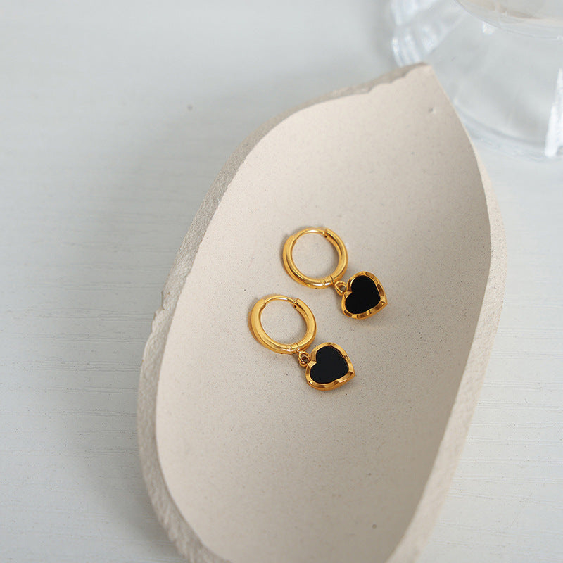 Luxurious Black Glazed Peach Heart Earrings in Titanium Steel and Gold Plating