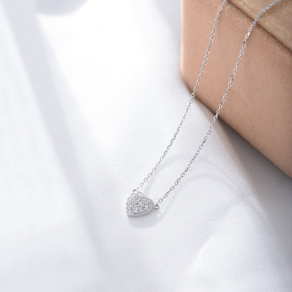 S925 Sterling Silver Heart-Shaped Micro-Inlaid Zircon Necklace Japanese Sweet Full Love Wholesale