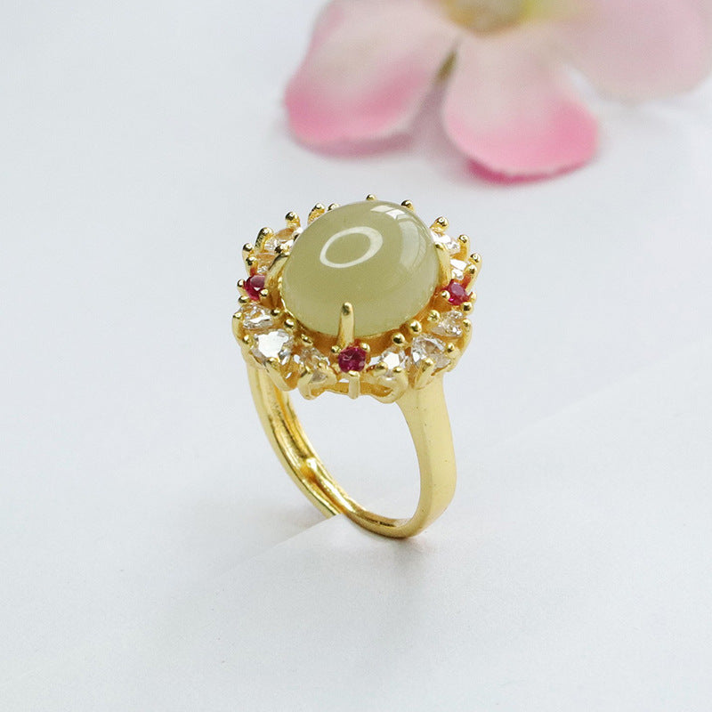 Heart-Shaped Zircon and Oval Hotan Jade Sterling Silver Ring