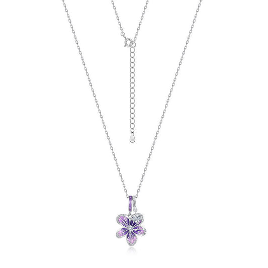 Purple Enamel Orchid Pendant Zircon Sterling Silver Necklace