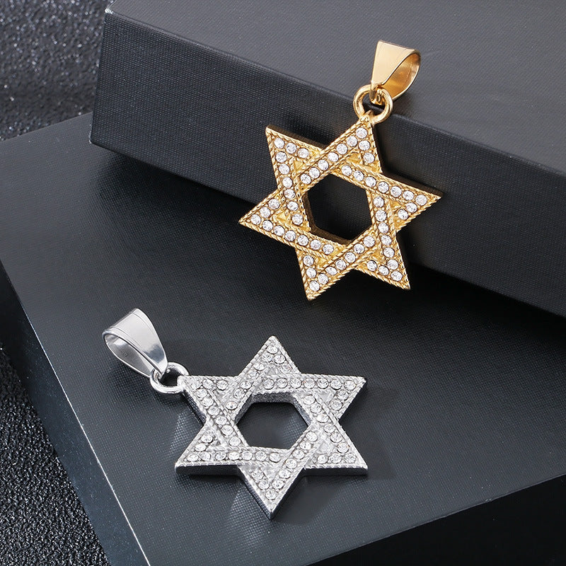 Dance Sweater Chain Pendant, Street Studded With Diamond Hexagram Stainless Steel Men's Pendant Necklace