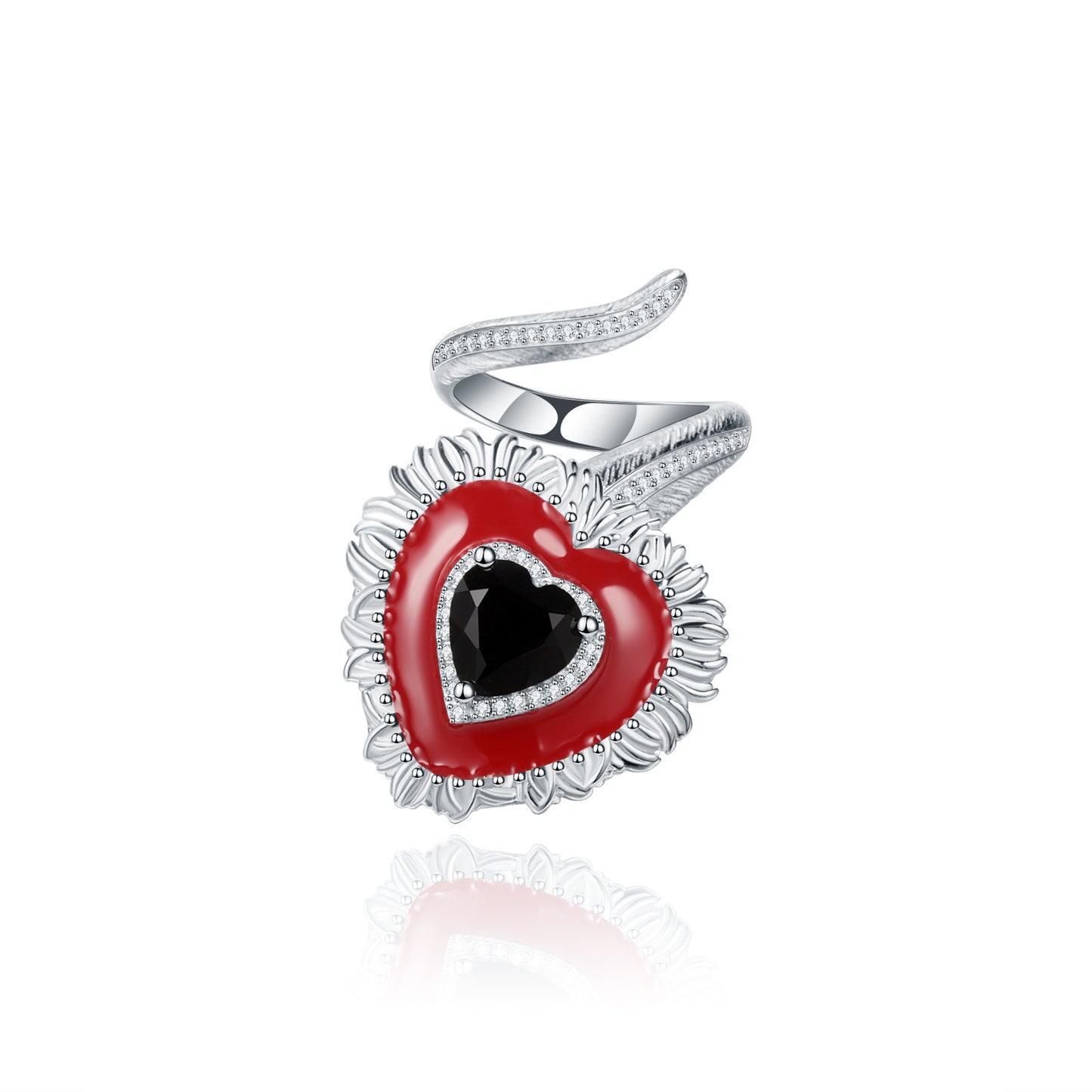 Angel Red Heart Natural Gemstones Opening Silver Ring