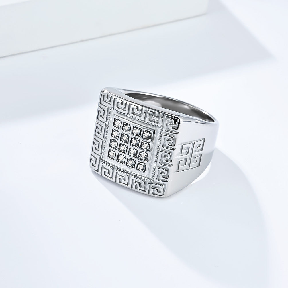 Men's Titanium Steel Ring With Zircon Inlay And Great Wall Pattern High End Planderful