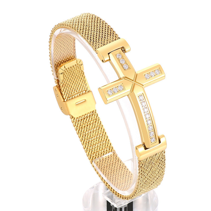 Planderful Men Titanium Steel Bracelet Zircon Cross Hip Hop