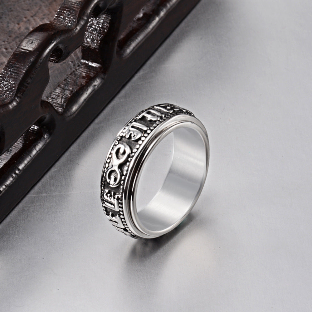 Planderful Taoist Six Character Daming Mantra Ring Rotating Titanium Steel Band For Men Ethnic Style