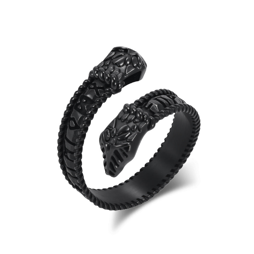 Planderful Viking Double Headed Snake Ring Durable Titanium Steel Retro Rune Unisex Hand Jewelry