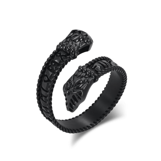 Planderful Viking Double Headed Snake Ring Durable Titanium Steel Retro Rune Unisex Hand Jewelry