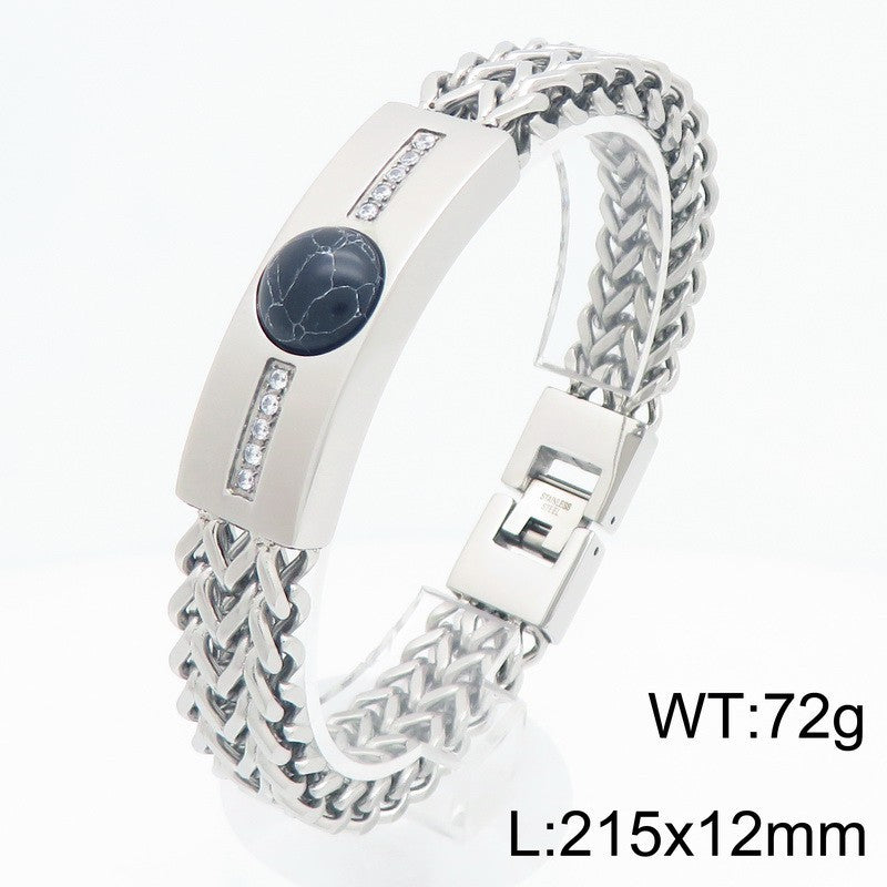 Blue Gold Black Pine Obsidian Inlaid Zircon Curved Bar Front & Back Chain Stainless Bracelet