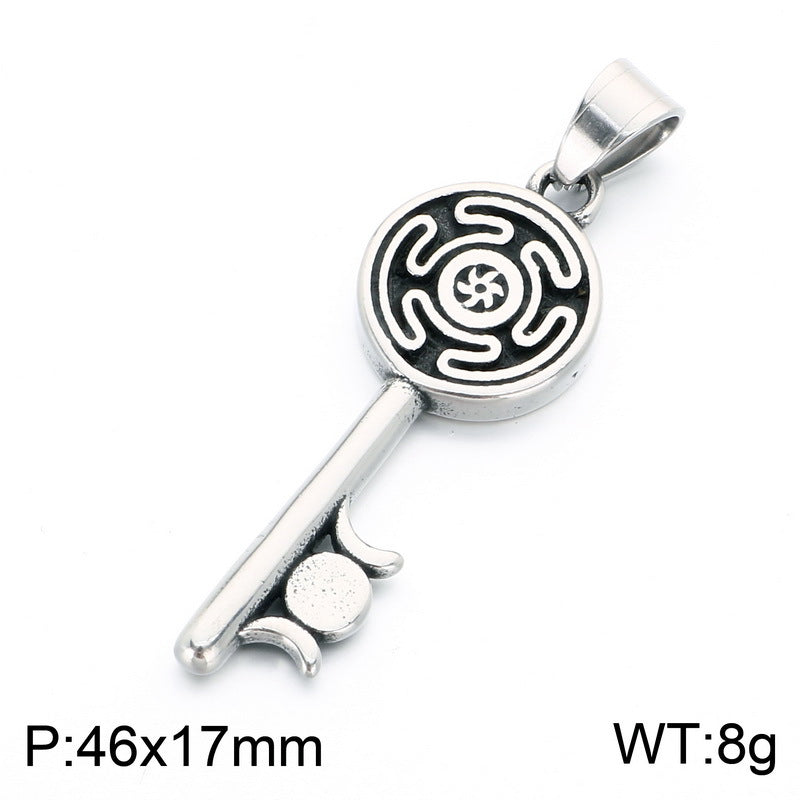 Gothic Snake Wrapped Rune Key Dark Vintage Labyrinth Cross Pattern Stainless Steel Necklace