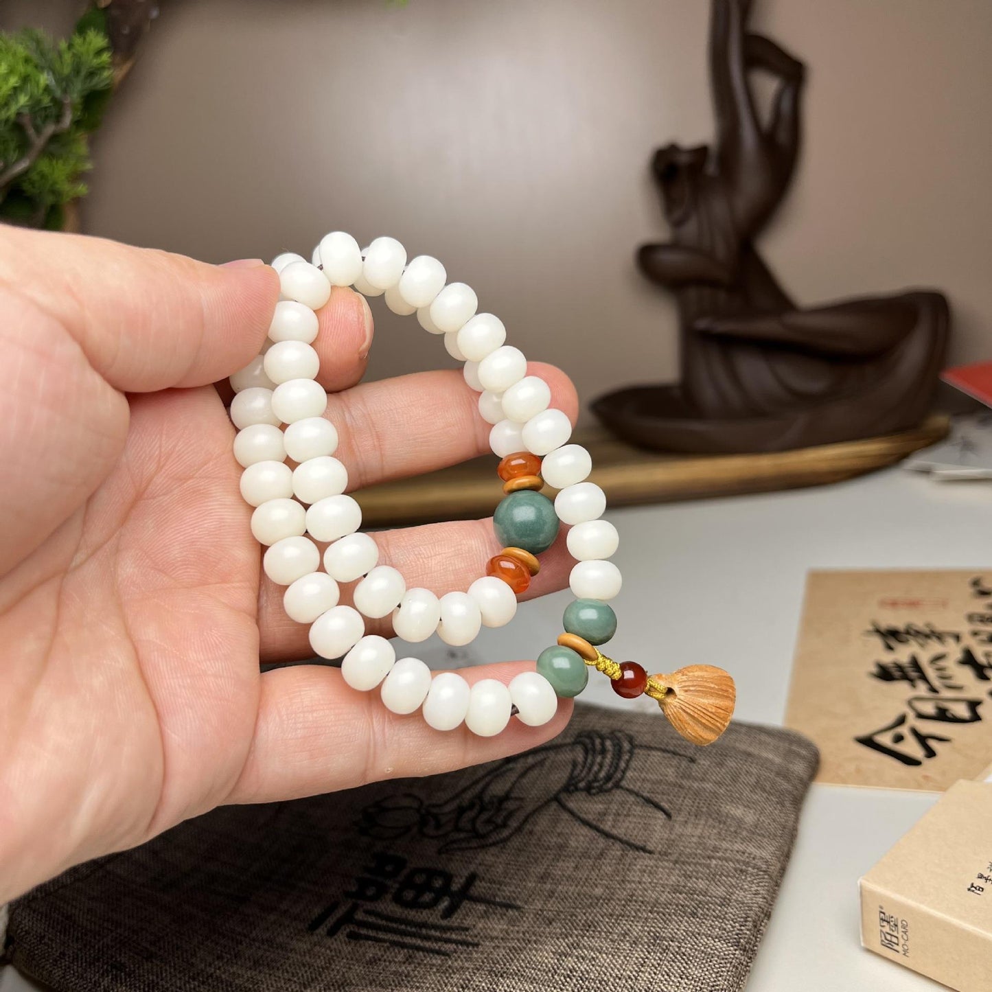 Fortune's Favor Sterling Silver Bodhi Root Bracelet with Topaz and Jade Beads