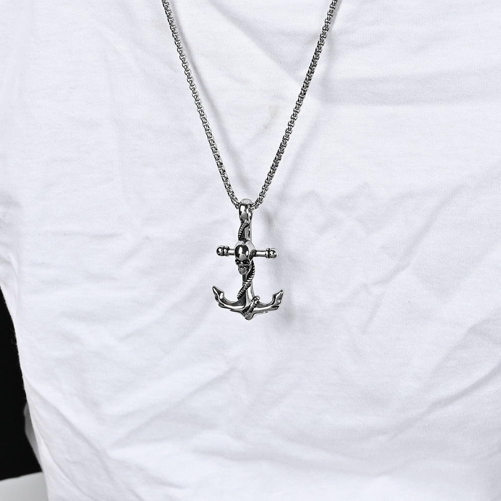 Skull Pendant Necklace For Men Planderful Durable Stainless Steel Boat Anchor Punk Hip Hop Style