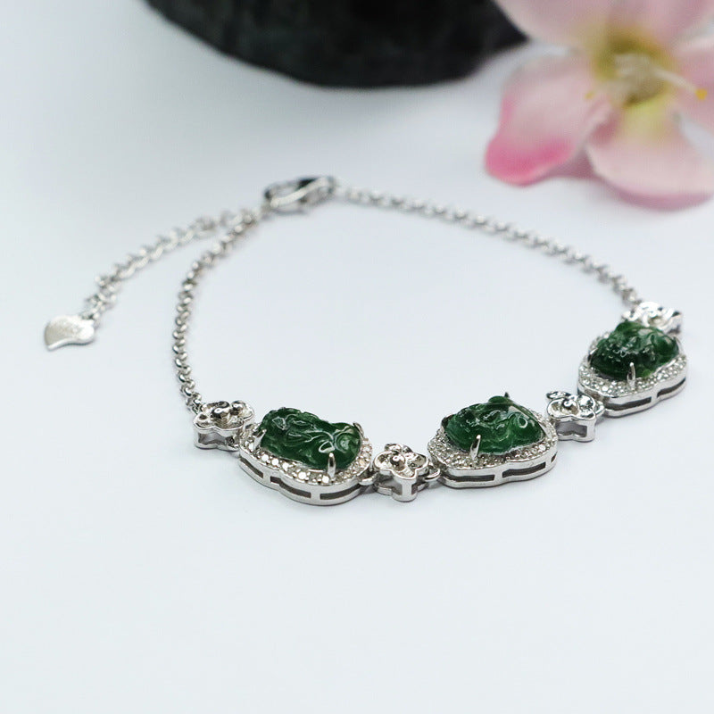 Imperial Green Pixiu Bracelet with Natural Ice Jade Inlay