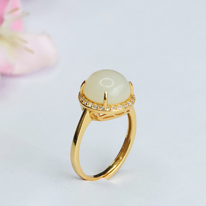 925 Sterling Silver Hetian Jade Round Cabochon Ring