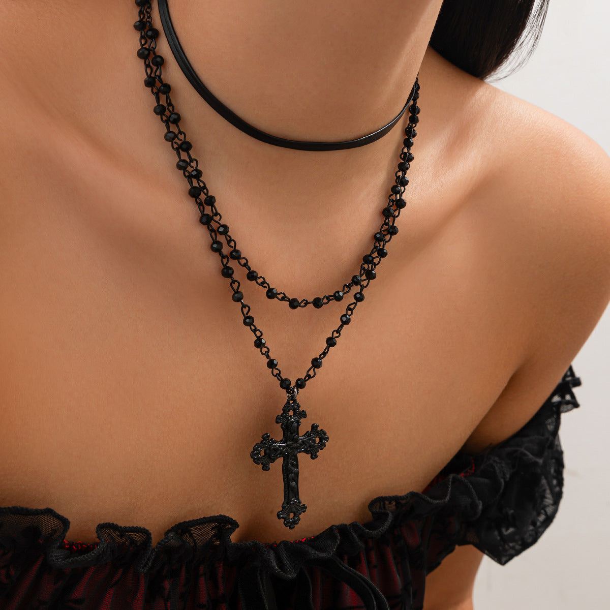 Dark Gothic Cross Layered Necklace Set