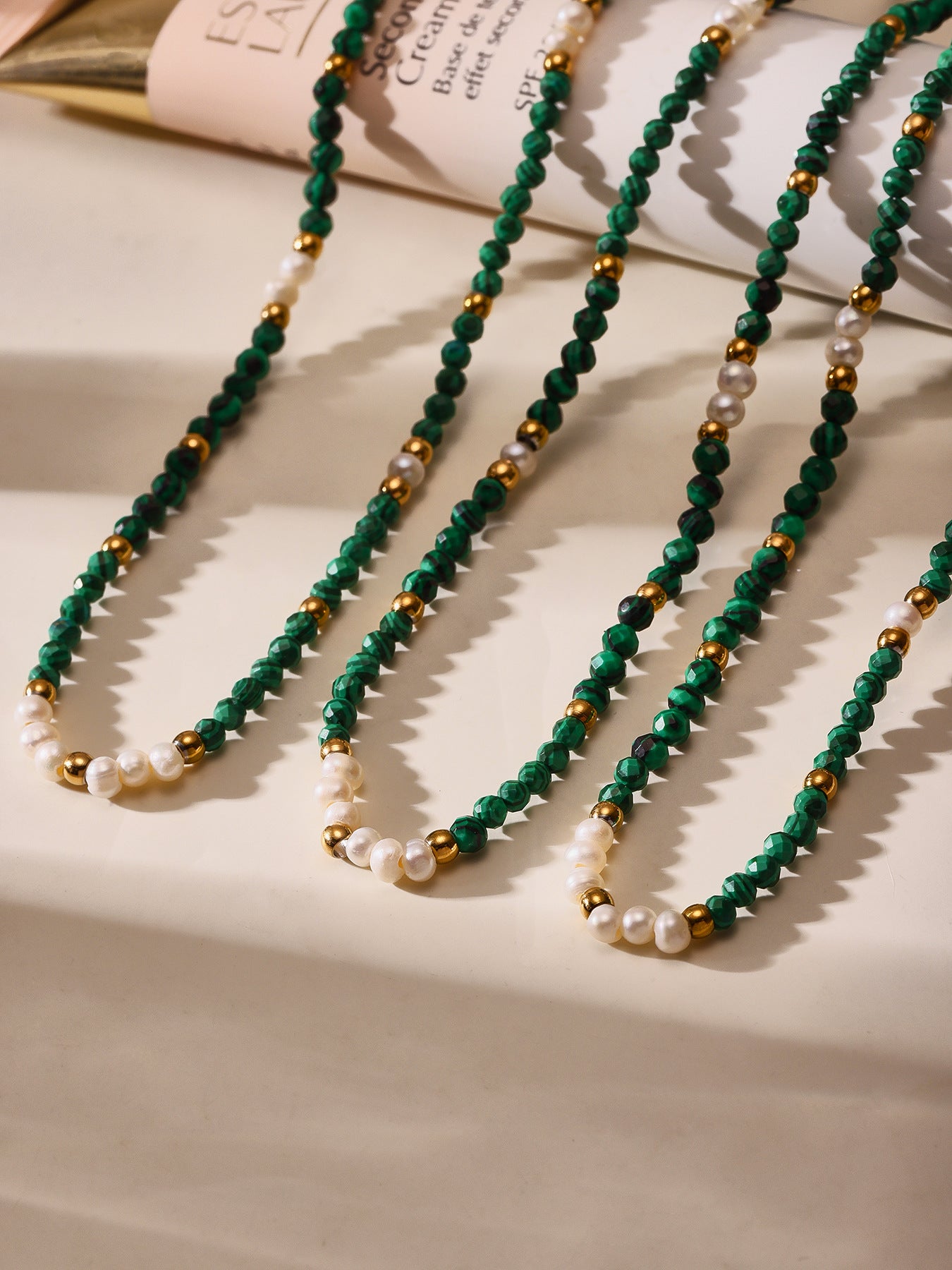 Planderful Clavicle Necklace Beaded Malachite Pearl Girls