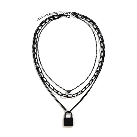 Punk Cross Heart Lock Layered Necklace