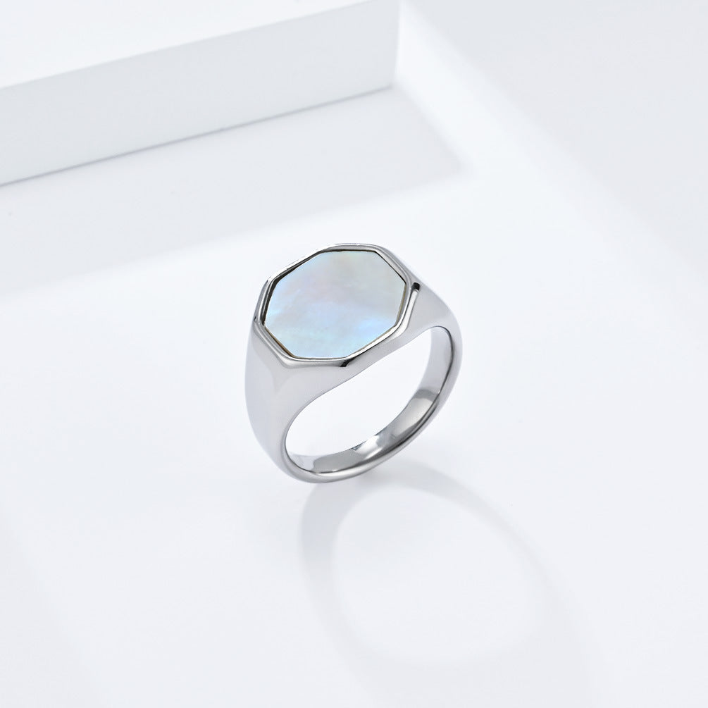 Planderful Unisex Titanium Steel Inlaid Shell Ring Geometric Design For Men And Women
