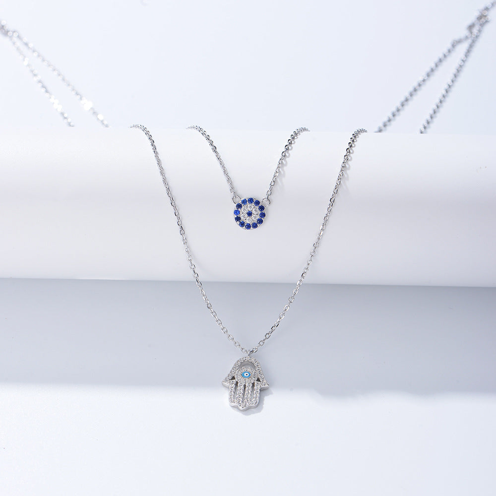 S925 Sterling Silver Shi Family Demon's Eye Hamsa Palm Double-Layer Necklace