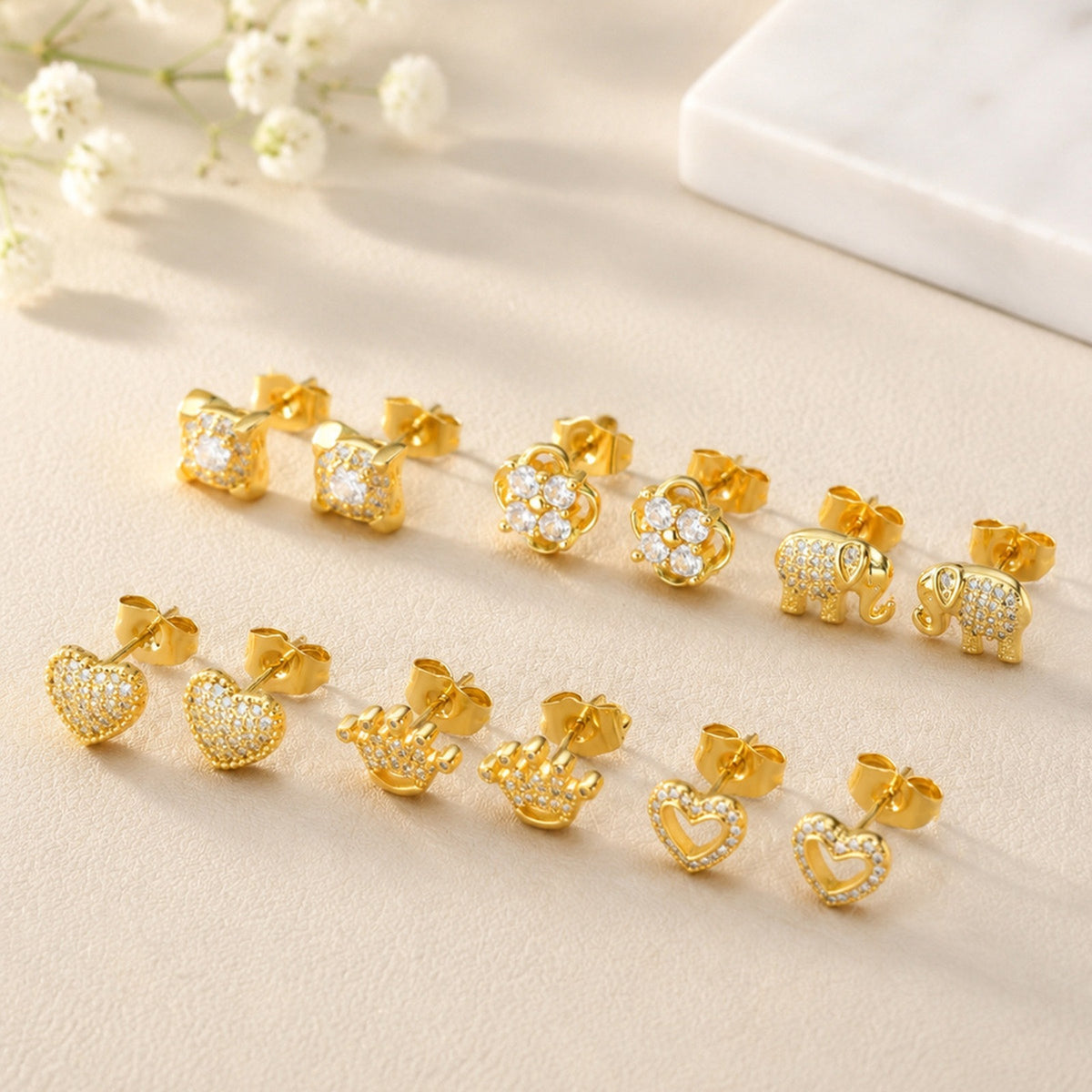 Crystal Motif Stud Earrings — 6 Gold-Tone Designs