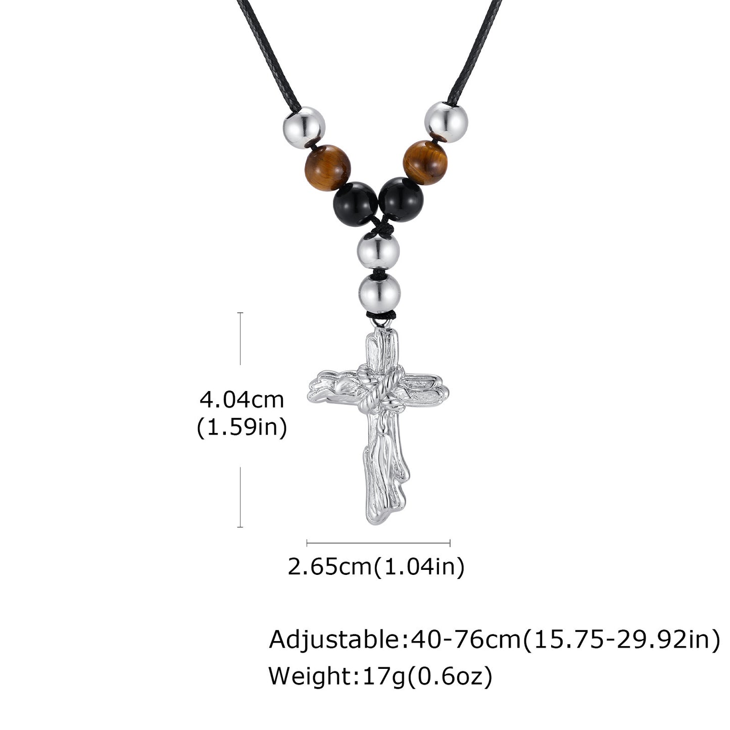 Stainless Steel Cross Agate Tiger's Eye Stone Beaded Adjustable Necklace