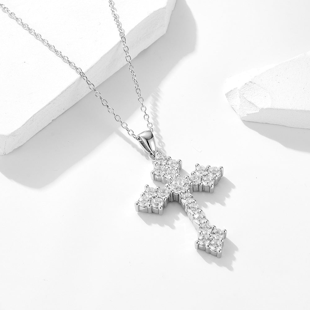 Cross Pendant Sterling Silver Necklace Personality Hip Hop Retro Hipster Full Zircon