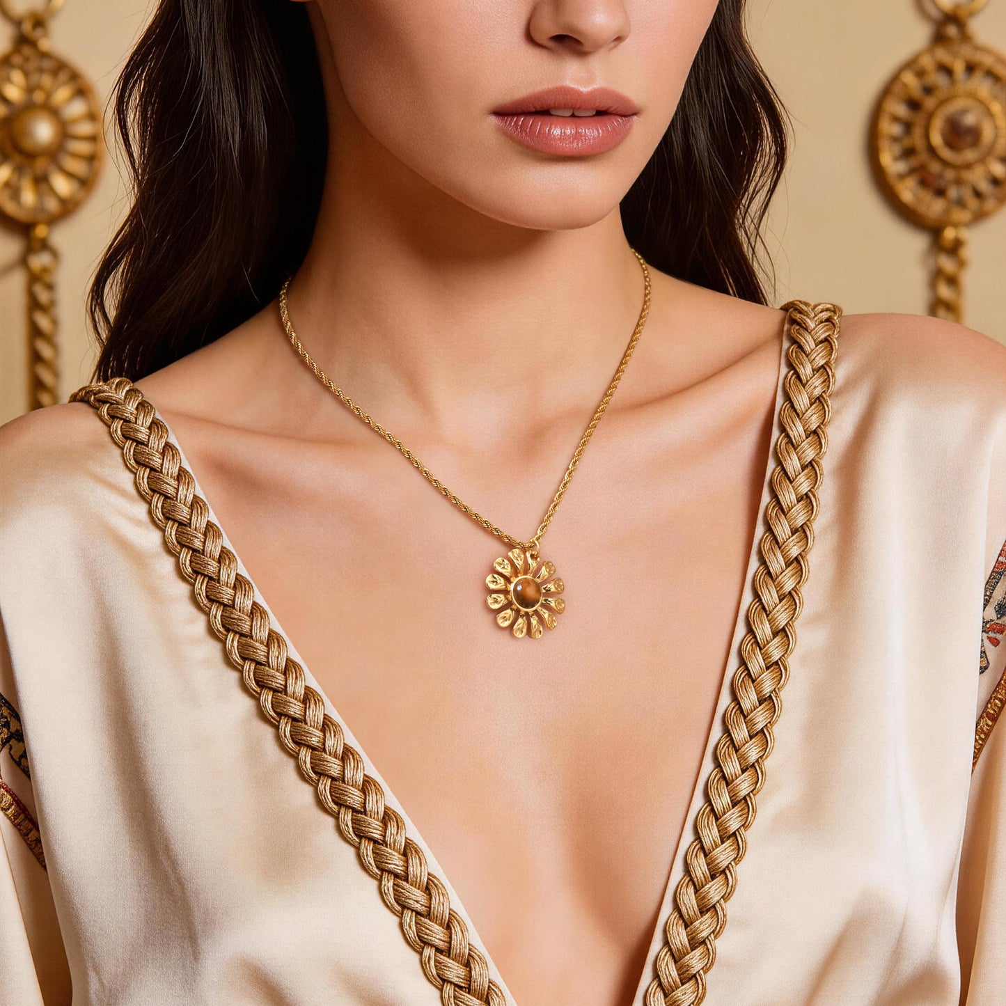 Stainless Steel French Flower Natural Tiger's Eye Necklace