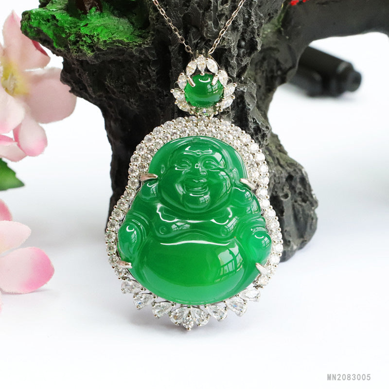 Green Chalcedony Buddha Zircon Halo Pendant — No Chain