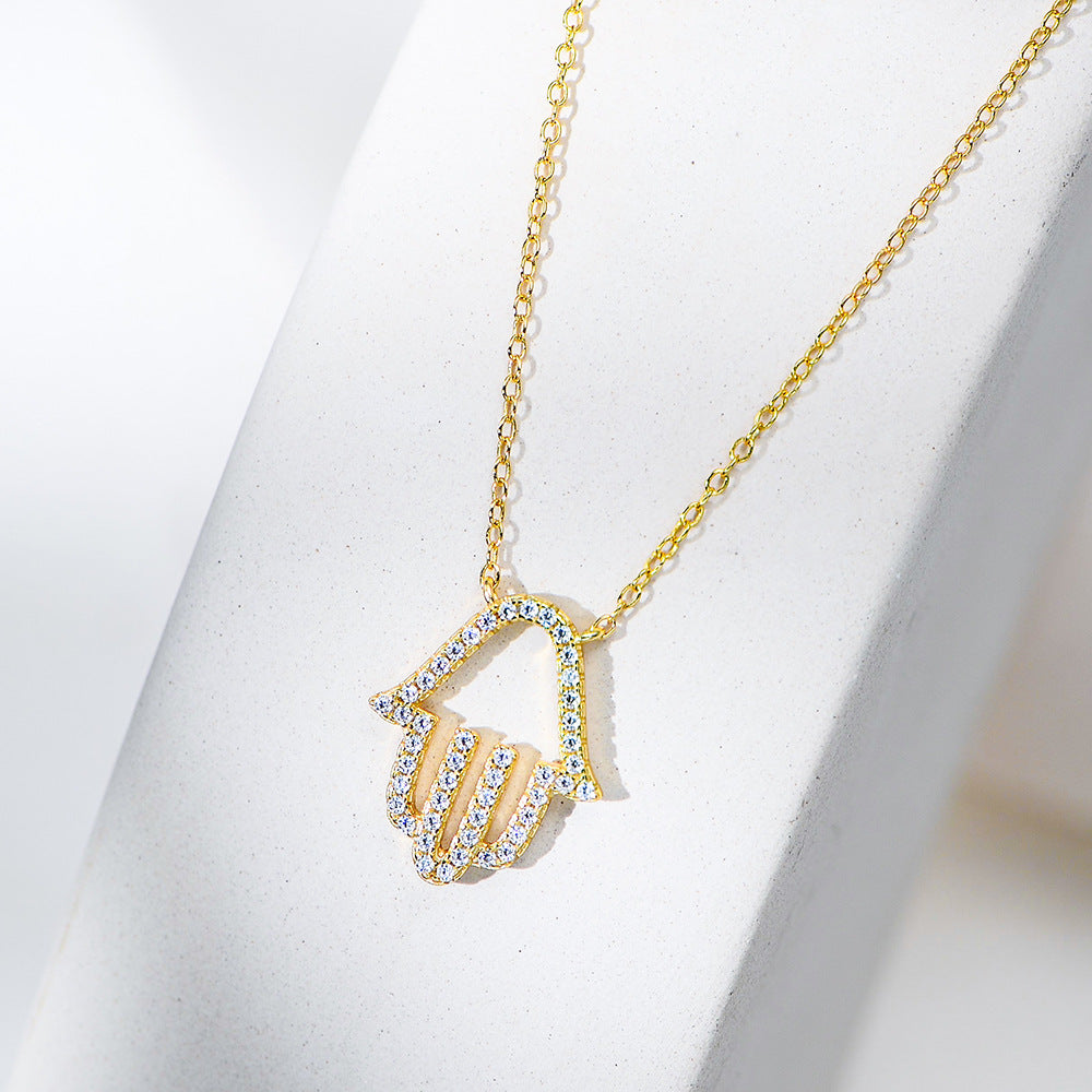 Planderful S925 Sterling Silver Zircon Palm Necklace for Women Hollow Out Pendant High End Collarbone Chain