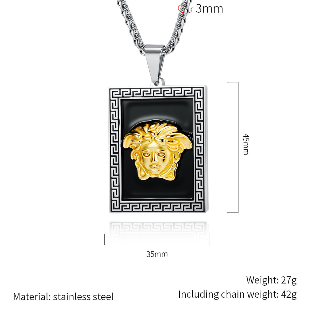 Planderful Medusa Square Pendant Necklace For Men Premium Titanium Steel Street Style Chain