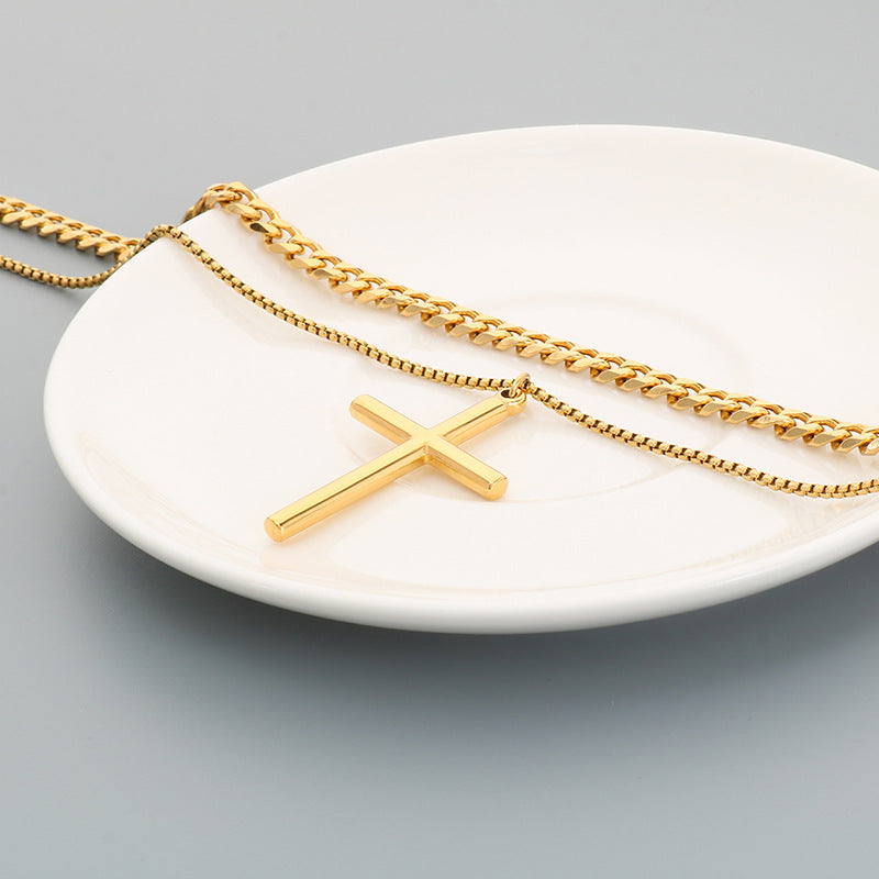 Glossy Cross Pendant Necklace, Six-Sided Grinding Square Pearl Chain Double-Layer Stacked Men's Necklace.