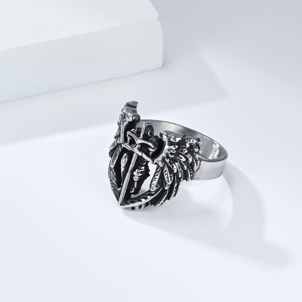 Planderful Everyday Genie St Michael Ring With Angel Wings Cross Bold Unisex Jewelry