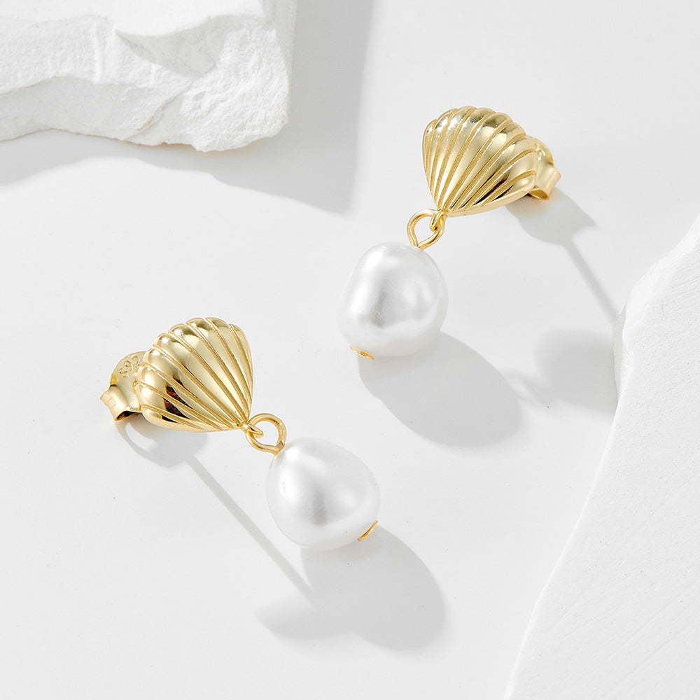 S925 Sterling Silver Shell Natural Irregular Freshwater Pearl Stud Earrings