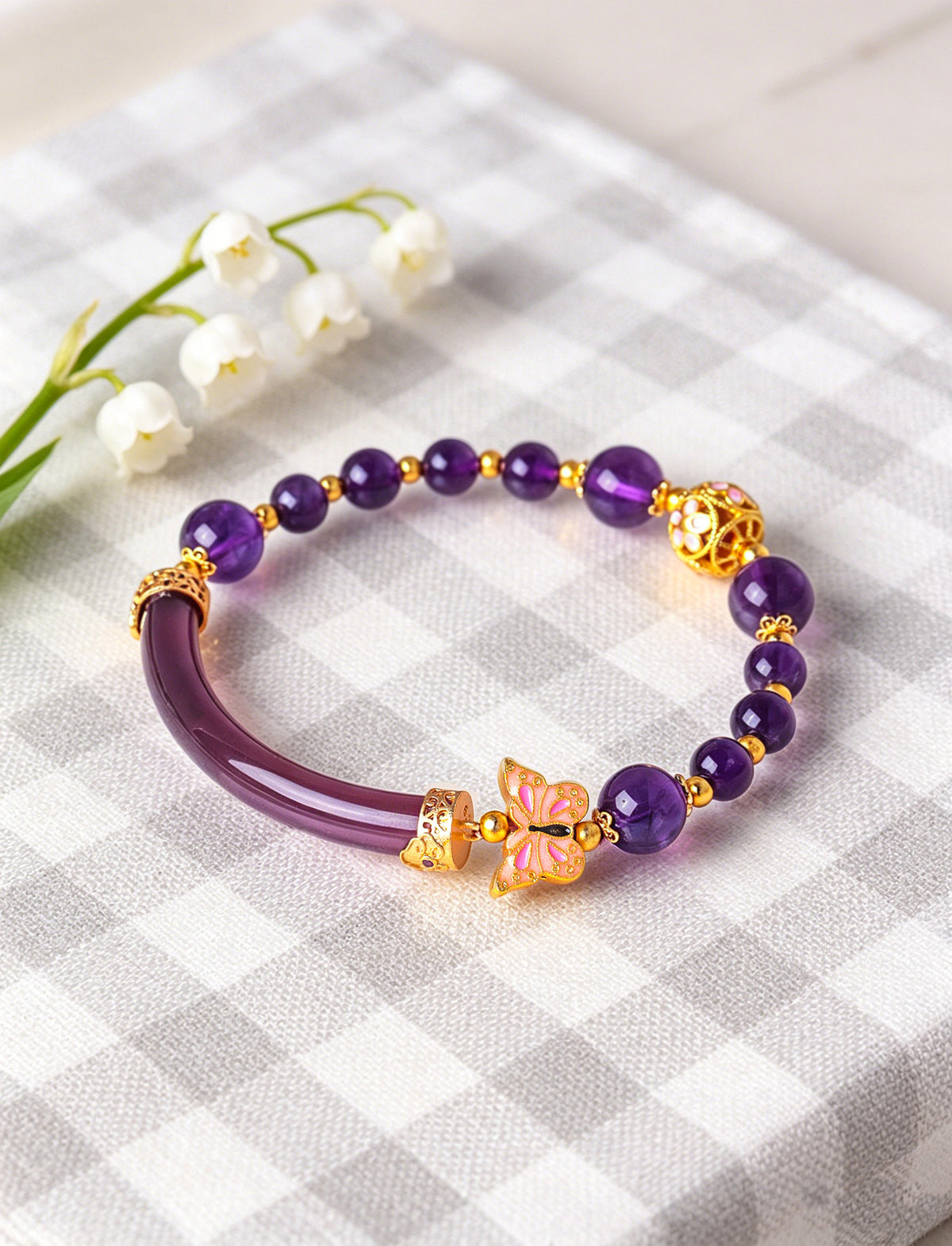 Amethyst Agate Crystal Butterfly Bracelet