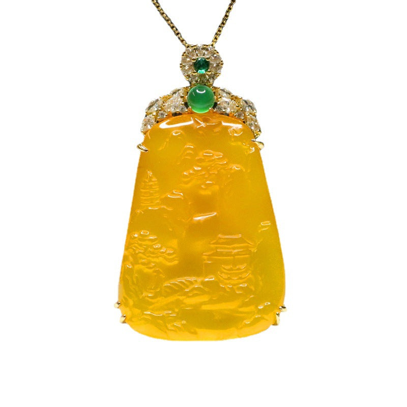 Golden Landscape Chalcedony Zircon Necklace with Sterling Silver