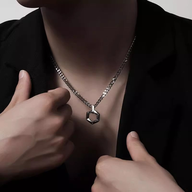 Planderful Titanium Cuban Chain Necklace Geometric Pendant