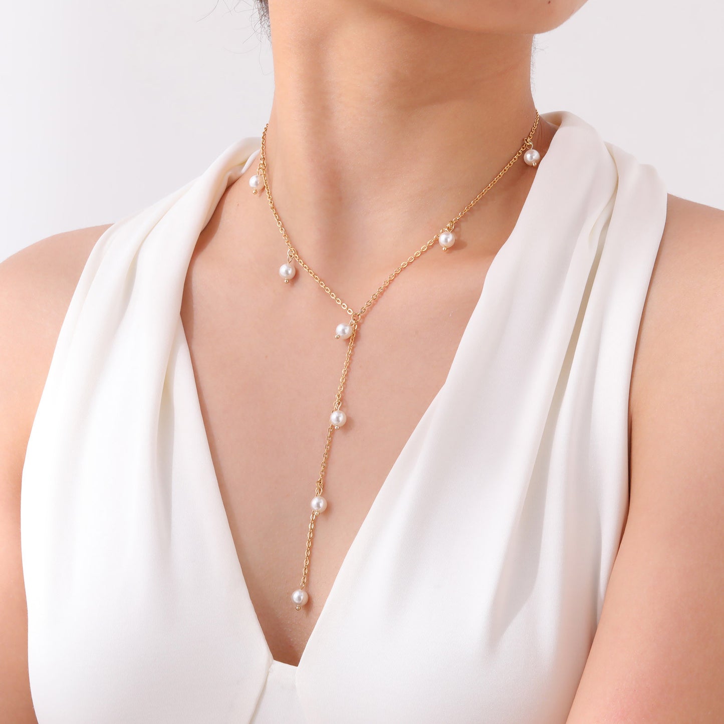 Stainless Steel Grinding Chain Imitation Pearl Fringed Y-Shaped Gold Necklace