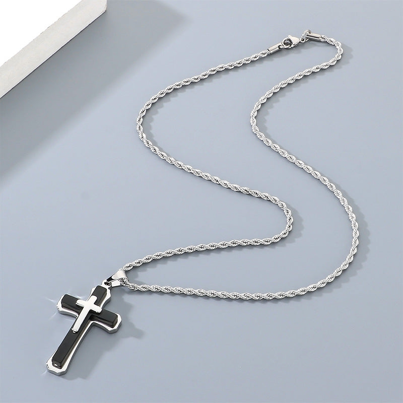 Style Three-Layer Three-Dimensional Cross Pendant, Titanium Steel Black Steel Contrasting Color Necklace, Men's