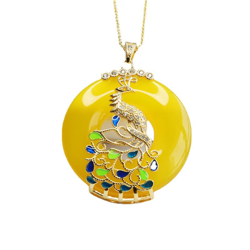 Yellow Chalcedony Cloisonné Phoenix Peace Buckle Pendant — No Chain