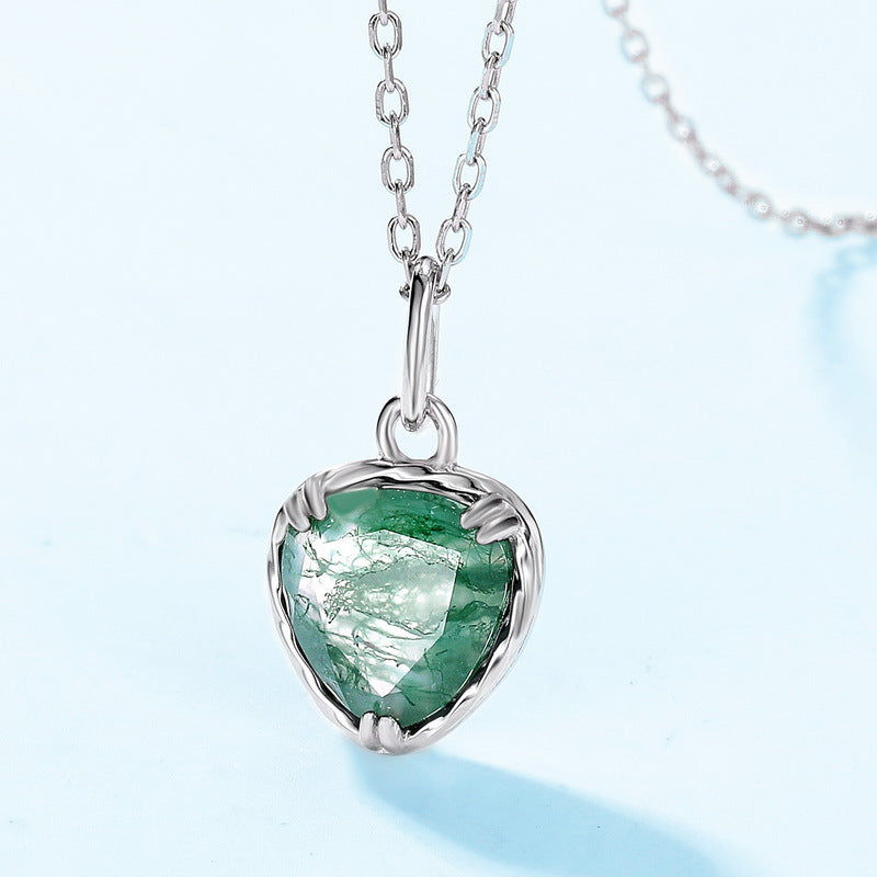 S925 Sterling Silver Moss Agate Heart Pendant Necklace