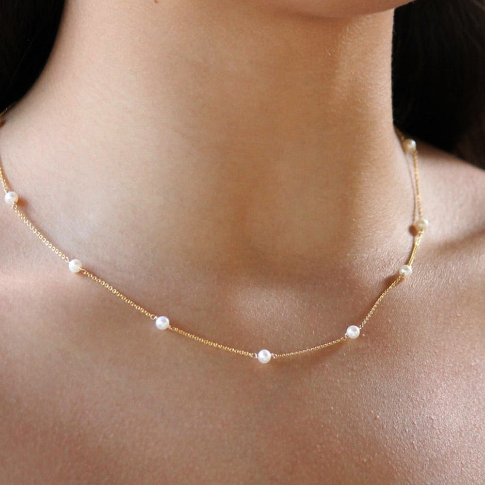 S925 Sterling Silver Pearl Necklace Stacked Choker
